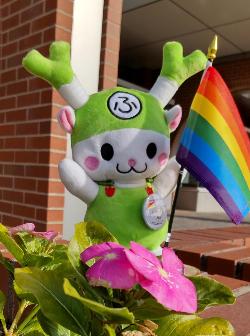 レインボーの旗を持ったふっかちゃんぬいぐるみの写真