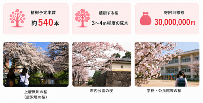植樹予定本数540本、植樹する桜3~4m程度の成木、寄附目標額3000万円、上唐沢川(唐沢堤)の桜の画像、市内公園の桜の画像、学校・公民館等の桜の画像