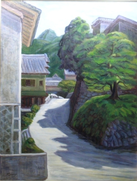 村の道の景色を描いた絵画