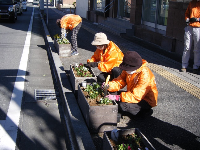 駅通りプランターに植栽活動を行いました。