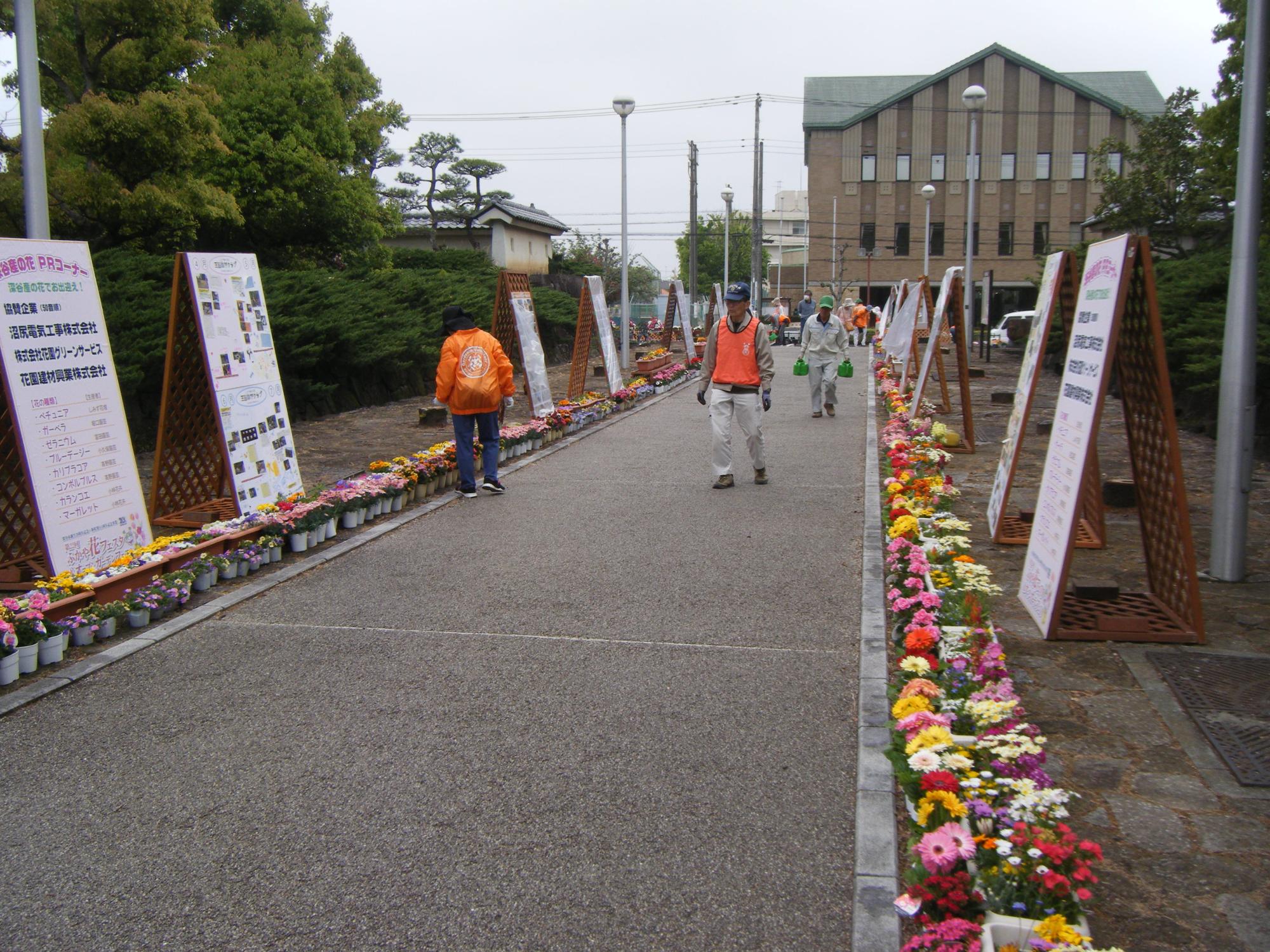 会場の花の水やり