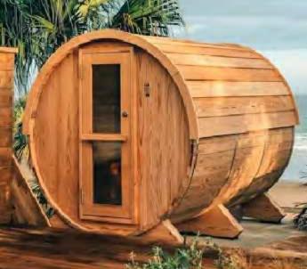 木製円筒形のバレル型サウナ画像