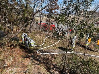 山の中腹で消火活動