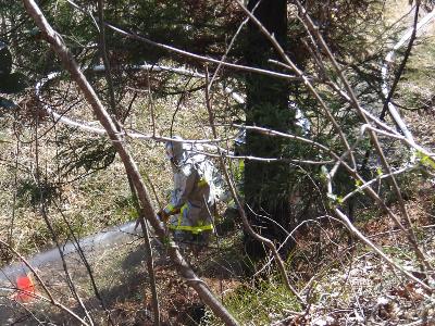 不安定な山の斜面での放水活動